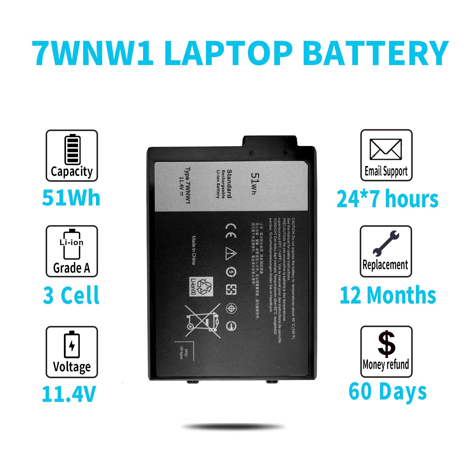 Amazon.com: 51Wh Type 7WNW1 11.4V Laptop Battery Replacement for